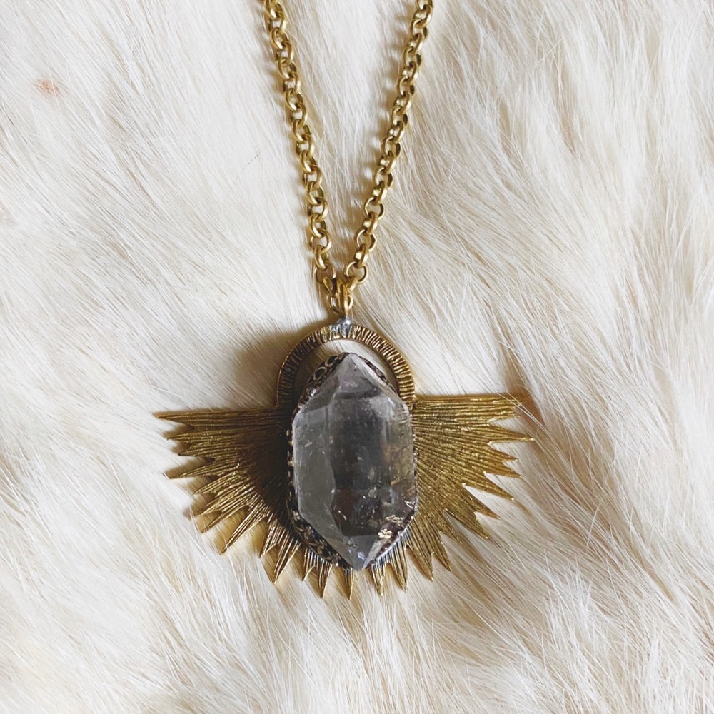 Smokey Quartz & Brass Sun Burst Necklace